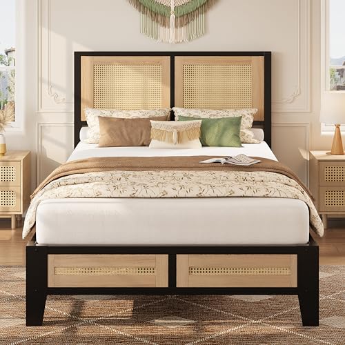 LIKIMIO Twin Rattan Bed Frame with Headboard, Boho Metal Platform Bed | Rattan headboard, 650 lb support, metal slats, EVA pads, 9.8-inch underbed clearance, no box spring needed. - size: Twin