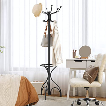 Tangkula Coat Rack Freestanding, 75 Inch Heavy Duty Metal Hanger Stand with Umbrella Holder, Entryway Hat Jacket Hanger with 12 Hooks for Scarf Crutch Bag, Standing Coat Tree Rack (Black)
