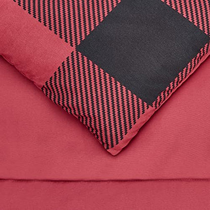 Amazon Basics Full/Queen Comforter Set with Sheets, 5-Piece Red Buffalo Plaid Bedding, Lightweight Microfiber Bed-in-a-Bag - color: Red Buffalo Plaid, size: Full/Queen, style: 1-Pack