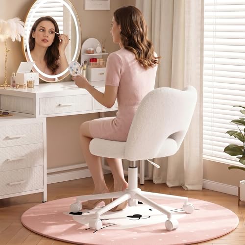 DurayLoly Vanity Chair with Open Back & Wheels,Armless | Fluffy Teddy Fabric ,Armless, Height Adjustable, for Makeup Room, Bedroom,Cream - color: Cream
