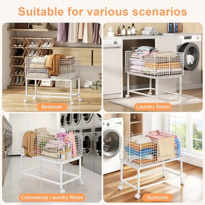 Large Rolling Laundry Basket Cart,Wire Laundry Hamper Cart with Handle and Wheels,White High Laundry Hamper for Laundry Room,Bedroom and Bathroom-120L White (29.5"L*19.7"W*27.95"H inch) - style: Large Oblong-White