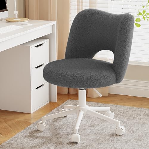 DurayLoly Vanity Chair with Open-Back & Wheels,Armless,Grey | 360° Silent Wheels,Comfy Teddy Fleece,Height Adjustable for Make-up Room,Bedroom,Dorm,Grey - color: Grey