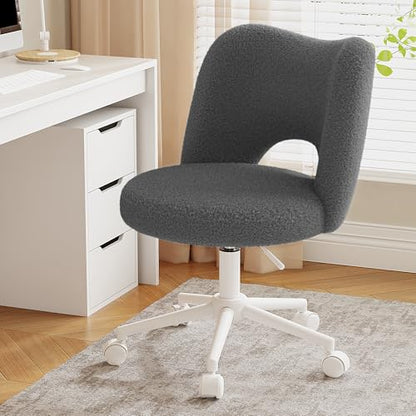 DurayLoly Vanity Chair with Open-Back & Wheels,Armless,Grey | 360° Silent Wheels,Comfy Teddy Fleece,Height Adjustable for Make-up Room,Bedroom,Dorm,Grey - color: Grey