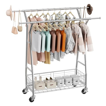VEVOR Clothes Rack, Rolling Clothing Garment Rack, Extendable Carbon Steel Clothing Racks with Wheels for Bedroom, Laundry, Living Room - style: with Storage Basket