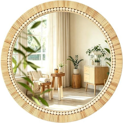 OYPEIP 24 Inch Round Natural Rattan Wall Mirror, Boho Decorative Mirror with White Beads, Rustic Farmhouse Circle Mirror for Living Room, Entryway, Bathroom, Bedroom