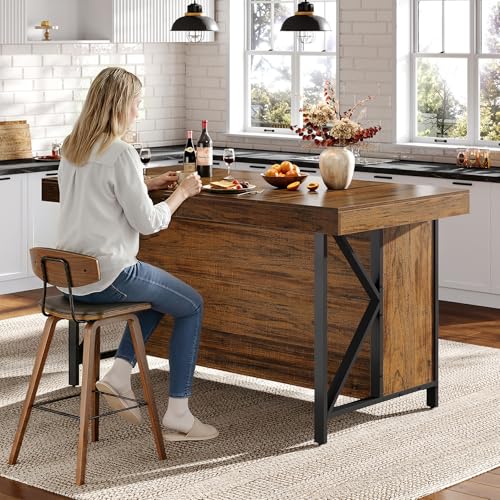 Tribesigns Large Kitchen Island with Storage, 55-Inch Wooden Stationary Island Table with Metal Frame, 3-Tier Industrial Center Bar Table with Thickened Countertop for Kitchen, Dining Room, Brown