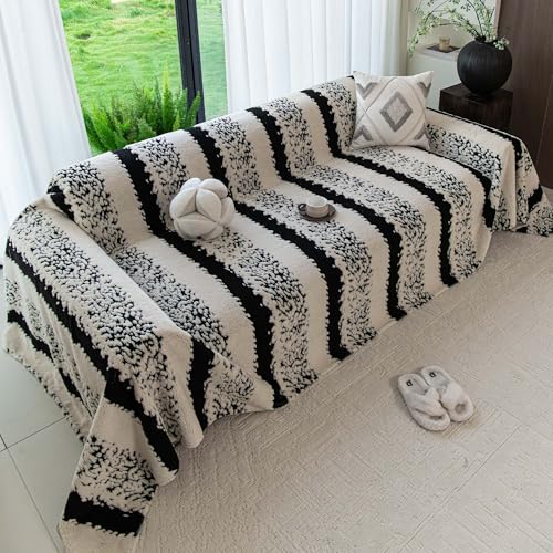 Sherpa Fleece Oversized Couch Cover for 3-4 Cushion Sofa, Black 71" x 150" - Pet Proof Sofa Covers Heavy Duty Scratch Resistant Pet Friendly Furniture Cover - Easy Install, Machine Washable - color: Stripe 3 Black, size: 71" x 150"