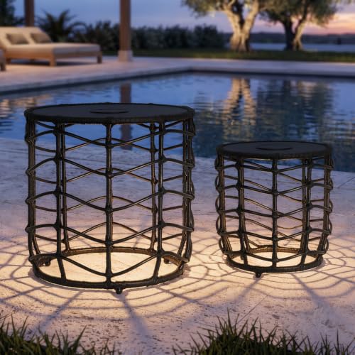 Boho Solar Outdoor Side Table with Built-in Lights Set of 2, All-Weather Wicker Nesting Tables, Round Waterproof Accent End Table Design for Patio, Porch, Garden & Balcony, Black - color: Black