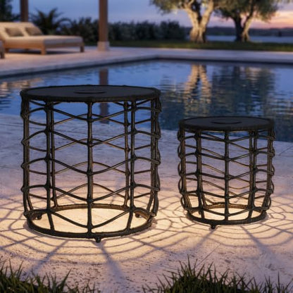 Boho Solar Outdoor Side Table with Built-in Lights Set of 2, All-Weather Wicker Nesting Tables, Round Waterproof Accent End Table Design for Patio, Porch, Garden & Balcony, Black - color: Black