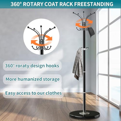 OIRUMIE Coat Rack,360°Rotary Coat Rack Stand,Coat Hanger Stand for Entryway | Metal Coat Rack Freestanding with Natural Marble Base & 14 Hooks,Black Modern Coat Stand, Clothes Hall Stand for Hallway - color: Black-14 Hooks