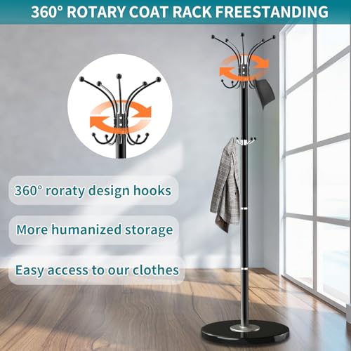 OIRUMIE Coat Rack,360°Rotary Coat Rack Stand,Coat Hanger Stand for Entryway | Metal Coat Rack Freestanding with Natural Marble Base & 14 Hooks,Black Modern Coat Stand, Clothes Hall Stand for Hallway - color: Black-14 Hooks