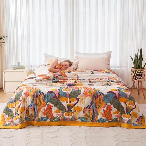 Boho Throw Blanket, 100% Cotton Lightweight Throws for Couch 50"x60" | Summer Cozy Blankets for Bed, Reversible Breathable and Soft, Yellow Floral Butterfly Sofa Cover, Living Room Decor for Women - color: Yellow Flower and Butterfly, size: (50"x60")Throw
