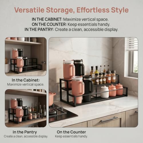 Expandable Coffee Syrup Organizer, 2-Tier Carbon Steel Stanley Cup Holder,Adjustable Water Bottle Organizer, Large Capacity Spice Racks & Wine Display Stand for Coffee Bar Kitchen Cabinet, Black