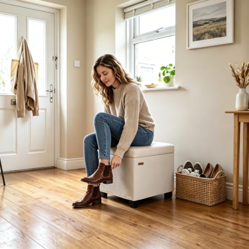 ABHENG Steel Frame Square Ottoman with Storage Off White UASND64W | 17.7" x 17.7" x 17.7", Hold 660 lbs, 48L Storage Capacity, Plush Velvet, Removable Lid, for Dorm Living Room - color: Velvet-off White, size: 17.7"D x 17.7"W x 17.7"H