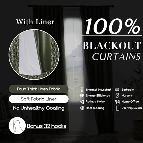 Olive Green Linen Blackout Curtains 84 Inches Long, Dark Green Thermal Insulated Black Out Drapes, Pleated Moody Curtains for Bedroom Living Room 2 Panels Set - color: Olive Green, size: 50"W x 84"L (Pack of 2)