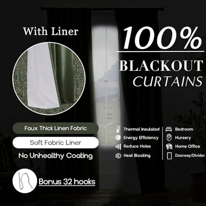 Olive Green Linen Blackout Curtains 84 Inches Long, Dark Green Thermal Insulated Black Out Drapes, Pleated Moody Curtains for Bedroom Living Room 2 Panels Set - color: Olive Green, size: 50"W x 84"L (Pack of 2)