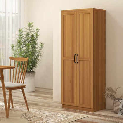 HOMCOM 63" 2-Door Kitchen Pantry 5-Tier Teak Wood Grain | Freestanding Storage Cabinet, Shelving, 2 Adjustable Shelves, for Dining Room - color: Teak Wood Grain