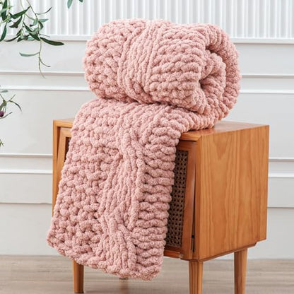 WESHIONGOO Chunky Knit Blanket Throw for Couch Bed 50"×60" Pink | 100% Handmade Knitted Throw blanket Fluffy Soft Blanket With Jumbo Chenille Yarn Thick - color: Pink, size: 50"x60"