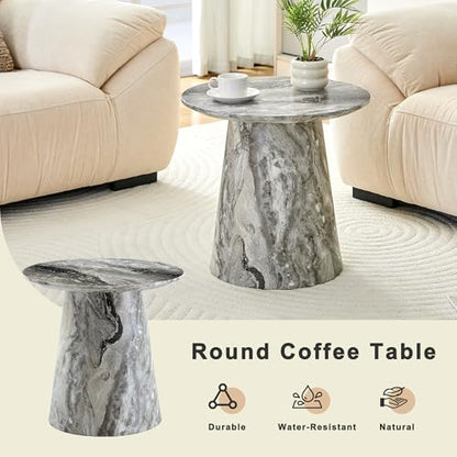 Modern End Coffee Table, 19.6" Gray&Brown Texture Faux Marble Coffee Table with Sturdy Cone Base, Small Round Coffee Table & Tall End Table Ideal for Living Room, Apartment, Small Space - color: 19.6" Gray Coffee Table