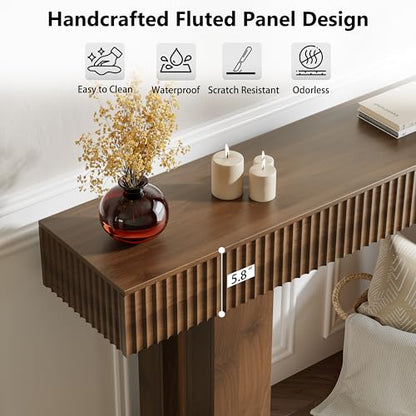 60-Inch Long Entryway Table with Built-in Power Outlet and App & Button-Controlled RGB Light, Thick Wood Farmhouse Console Table for Behind Sofa, Narrow Hallway, Living Room, Foyer, Entrance, Walnut - color: Walnut, size: 60 Inch