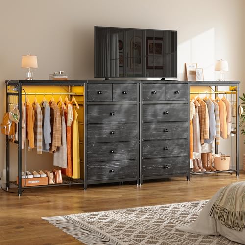 EnHomee 125cm W 드레서, 걸이용 랙 및 서랍 6개, 그리드 패널 및 후크 4개 포함 | LED 조명 및 충전 스테이션, 침실용 나무 상단 정리 유닛, 스틸 프레임이 있는 서랍장, 블랙 - color: 블랙.