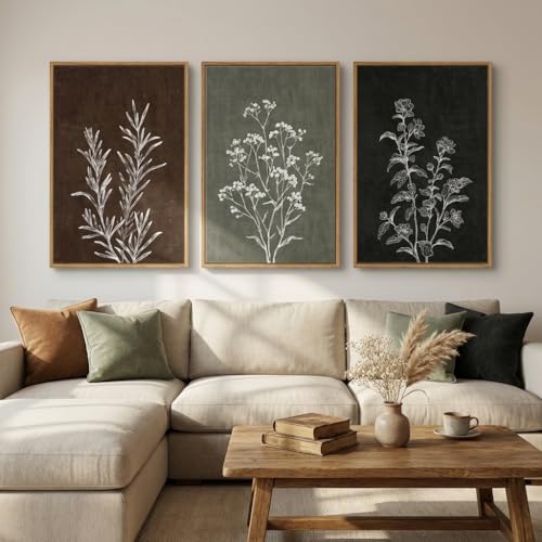 Framed Boho Botanical Wall Art for Living Room, 3 Piece Rustic Floral Canvas Painting Prints, Vintage Framhouse Minimalist Neutral Artwork For Bedroom Hallway Dining Room Wall Decor, 24 x 36 Inch - color: black and green, size: 24W" x 36H"x3Pcs