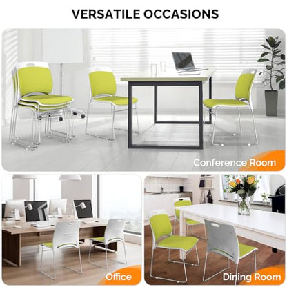 VINGLI Stackable Plastic Mesh Padded Chairs for Office Set of 4, Green | Stacking Chairs with Metal Sled Base, Ergonomic Plastic Pad Seat & Back, Waiting Banquet Guest Break Room, Easy to install - color: Green, size: 4 Pack