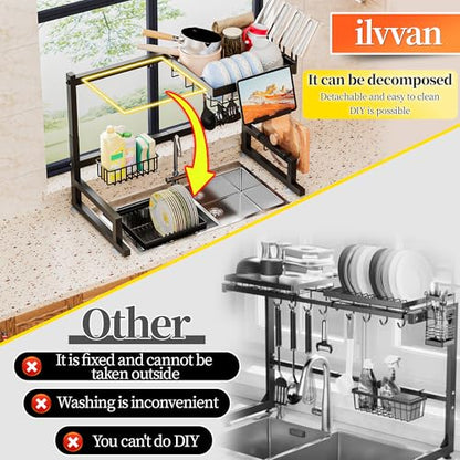 ilvvan Over Sink Dish Drying Rack (Expandable Height/Length) Snap-On Design Large Dish Drainer Storage Counter Organizer 24" - 35.5"(L) x 12"(W) x 19" - 22"(H) - size: 24" - 35.5"(L) x 12"(W) x 19" - 22"(H)