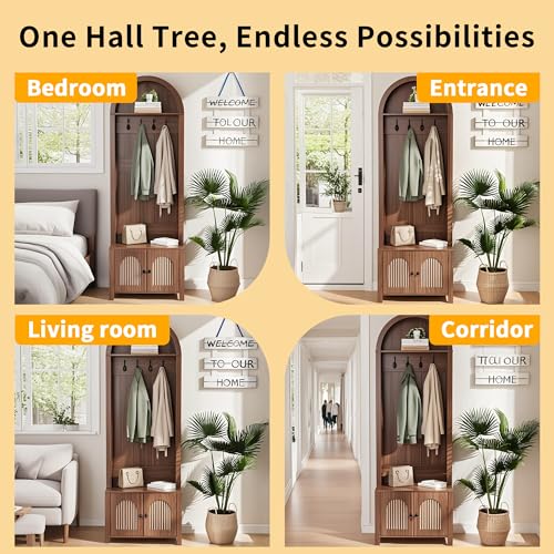 Hall Tree with Bench and Shoe Storage 4-in-1 Entryway Bench with Coat Rack | 70.9"Arch Coat Rack with Fluted Doors and 4 Hooks,Top Cubby,Farmhouse Tall Hall Tree Entryway Organizer for Hallway,Walnut - size: 23.7"W