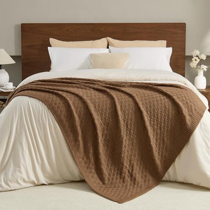 Light Brown Throw Blanket, Cute Checkerboard Knit, 60x80 Inches | Soft Cozy Lightweight Knit Blanket for Couch Bed, Warm Breathable Reversible Textured Oversized Knit Blanket, Caramel Brown - color: Check-light Brown, size: 60"x80"