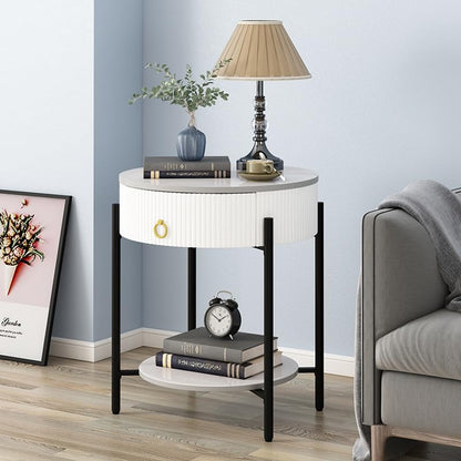 OIOG 2 Tier Nightstand, Bedside Table with Drawer, Sintered Stone/White | Round End Table, Modern Side Table, Drawer, Shelf, Metal Legs, Marbling Natural Stone, Living Room, Bedroom, Dorm, Office - color: White