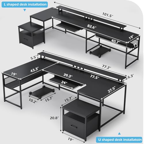 SEDETA 101.5''Reversible L Shaped Desk with Drawer for Home,Black | U Shaped Desk Office with Power Outlet,Computer with Monitor Shelf,Two Person Desk with Keyboard Tray
