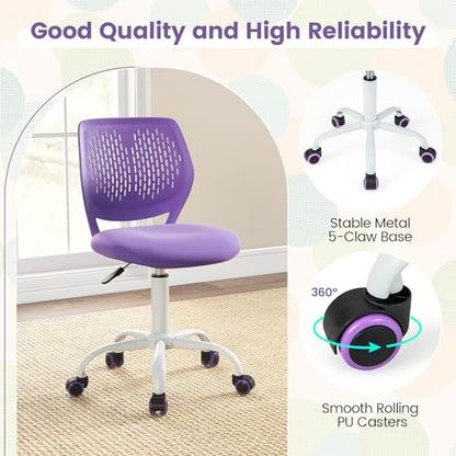 POWERSTONE Small Home Office Desk Chair, Swivel Rolling Study Computer Chair, Adjustable Height Task Chair with Armless Mid Back, Upholstered Mesh Seat, Purple - color: Purple