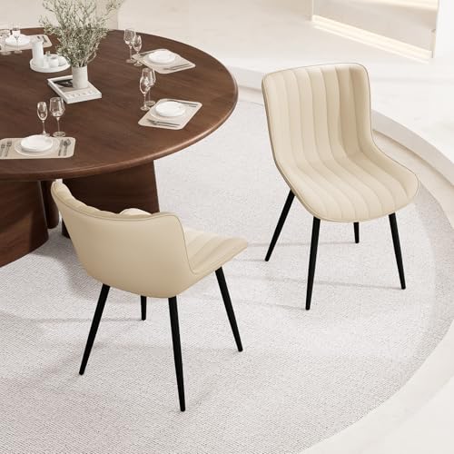 YOUNUOKE Dining Chairs Set of 2 Mid-Century Modern Kitchen Chairs Beige | Faux leather upholstered with Back, fits dining living waiting room guest reception. Waterproof easy to clean assemble, 300lb - color: Beige