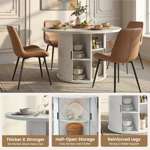 3-Piece Round Dining Table Set for 2, 47-Inch Modern Faux Marble Dining Table with Half-Open Storage Shelf, Upholstered Dining Chairs with Thick Cushions (White Faux Marble Table + 2 Beige Chairs) - color: White Faux Marble Table + 2 Beige Chairs-196, siz