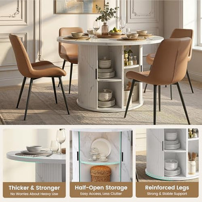 3-Piece Round Dining Table Set for 2, 47-Inch Modern Faux Marble Dining Table with Half-Open Storage Shelf, Upholstered Dining Chairs with Thick Cushions (White Faux Marble Table + 2 Beige Chairs) - color: White Faux Marble Table + 2 Beige Chairs-196, siz