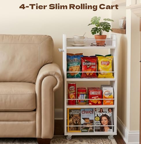 Slim Rolling Storage Cart,4 Tier White Rolling Utility Cart Slide Out Rack | Narrow Spice Rack Organizer Trolley for Kitchen Bathroom Larundry Small Corner 7.7inch wide - size: 4-Tier