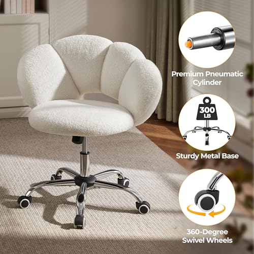 Yaheetech White Petal Boucle Makeup Vanity Desk Chair with Wheels, Swivel | Soft foam-padded boucle fabric fits vanity, bedroom, office or sewing desks; adjustable height, swivel wheels, fast assembly. - color: White