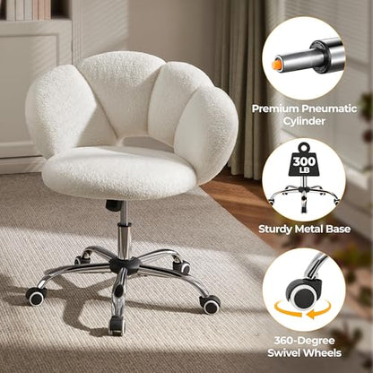 Yaheetech White Petal Boucle Makeup Vanity Desk Chair with Wheels, Swivel | Soft foam-padded boucle fabric fits vanity, bedroom, office or sewing desks; adjustable height, swivel wheels, fast assembly. - color: White