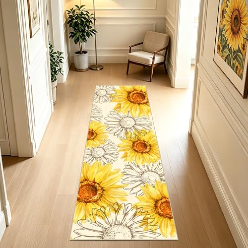 AooHHooA Sunflower Runner Rug 2x6 Non-Slip Washable Yellow | Modern Rustic Sunflower Runner Rug with Non-Slip Backing, Long Rug for Hallway Kitchen Entryway Laundry - color: Sunflower-1, size: 2' x 6' (Runner)