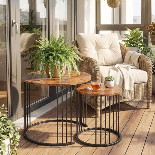 Nesting Side Tables Round Set of 2, Solid Wood End Tables Narrow with Storage Industrial Small Bedside Table Night Stand for Living Room, Bedroom, Sofa
