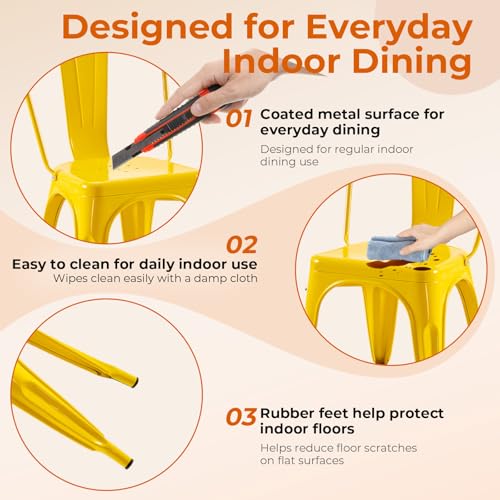 Metal Dining Chairs Set of 4 Daisy Yellow | Yellow Industrial Stackable Chairs Suitable for Indoor Outdoor Dining Room Kitchen Restaurant Cafe - color: Daisy Yellow