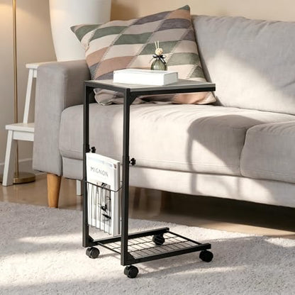 C Shaped End Table Small Couch Side Table with Metal Frame Slide Under Couch Table for Sofa Adjustable Height C Table for Living Room Bedroom Small Spaces, Grey - color: Grey