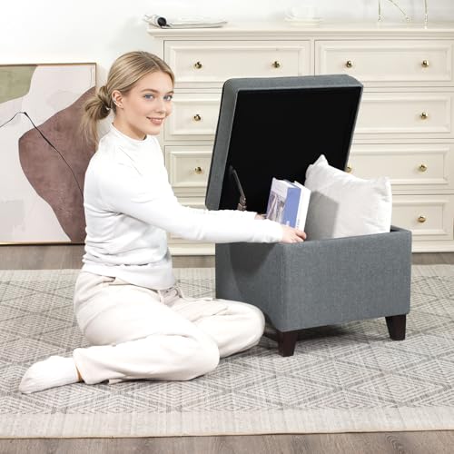 Linen Storage Ottoman with Wooden Legs, 17" Square Upholstered Footrest Stool, Extra Seat or Coffee Table for Living Room, Bedroom, Entryway, Dark Grey - color: Dark Grey