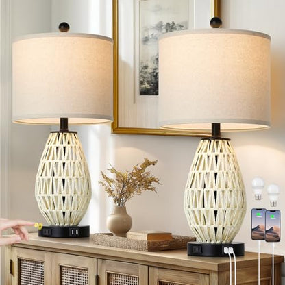 CINSARY Touch Control Rattan Table Lamps, 3 Way Dimmable Bedside Lamps for Bedroom Set of 2 with 2 USB Ports and AC Outlet, Wicker Nightstand Lamps for Living Room (LED Bulbs Included), White - color: White