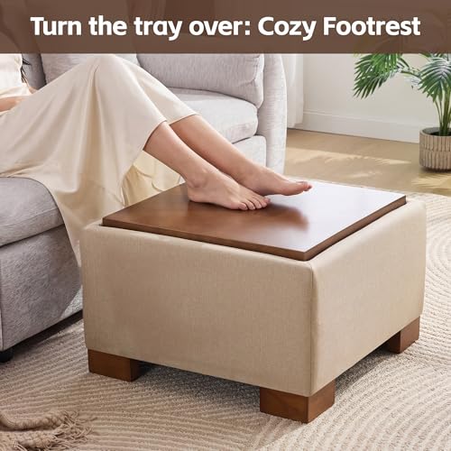 WUTUTUEE 24" Square Ottoman Coffee Table with Storage, Fabric Ottomans with Tray and Solid Wood Legs for Living Room, Bedroom and Apartments, Small Modern Ottoman Tea Table with Lift-Off Lid, Khaki - color: 24'' Khaki Fabric