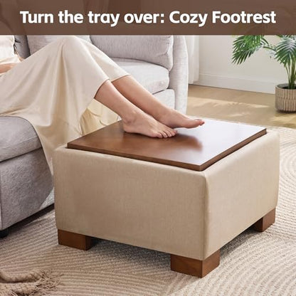 WUTUTUEE 24" Square Ottoman Coffee Table with Storage, Fabric Ottomans with Tray and Solid Wood Legs for Living Room, Bedroom and Apartments, Small Modern Ottoman Tea Table with Lift-Off Lid, Khaki - color: 24'' Khaki Fabric