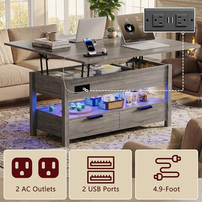 40" Lift Top Smart Coffee Table for Living Room | Power Outlets, LED Lights, Lifting Top, Storage Drawers & Compartments, for 4-6 People, Grey - color: Grey