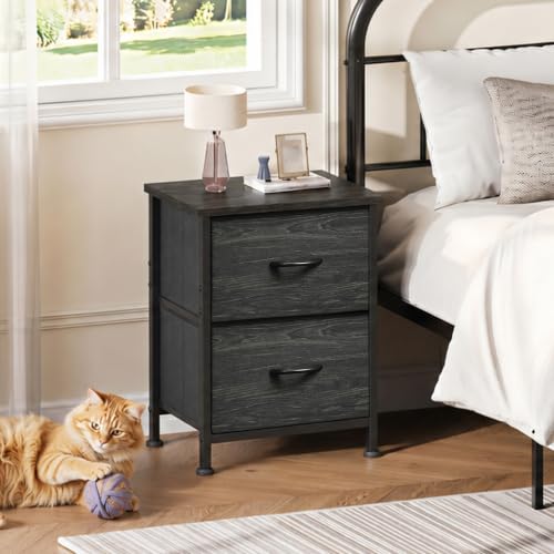WLIVE Night Stand, Small Dresser with 2 Drawers & Wooden Top, Nightstand with Fabric Bins, Bedside Table End Table for Bedroom, Closet, Entryway, College Dorm, Charcoal Black | Nightstand with Fabric Bins, Bedside Table End Table for Bedroom, Kids Room -