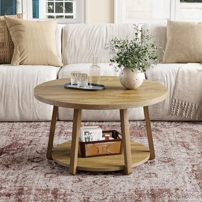LITTLE TREE Round Coffee Table, 2-Tier Center Table with Storage | Wooden Legs, 31.5 Dia. x 19.6 H Inches, Easy Assembly, Circle Coffee Tables for Living Room, Bedroom - color: Oak